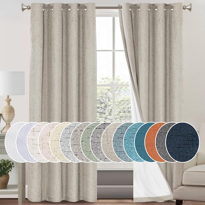 PrinceDeco 100% Blackout Curtains Linen Blackout Curtains 84 Inches Long for Dining Room Grommet Soundproof Window Treatment Drapes for Hall Room, 52" Wide Per Panel, Set of 2，Cobblestone