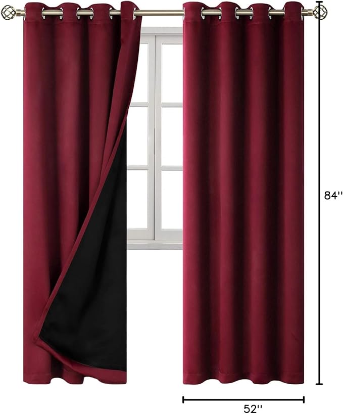 BGment Thermal Insulated 100% Blackout Curtains for Bedroom with Black Liner, Double Layer Full Room Darkening Noise Reducing Grommet Curtain (52 x 84 Inch, Burgundy Red, 2 Panels)