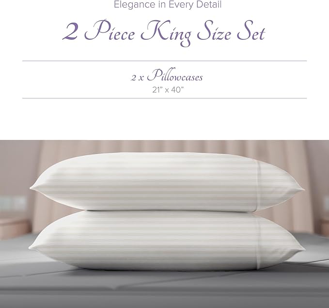 Carressa Linen 100% Egyptian Cotton King Size Pillow Cases Set of 2 - Luxury 600 Thread Count Stripe Ivory King Pillowcases, Soft, Cooling Breathable Sateen Weave Hotel Quality Damask Pillow Cover