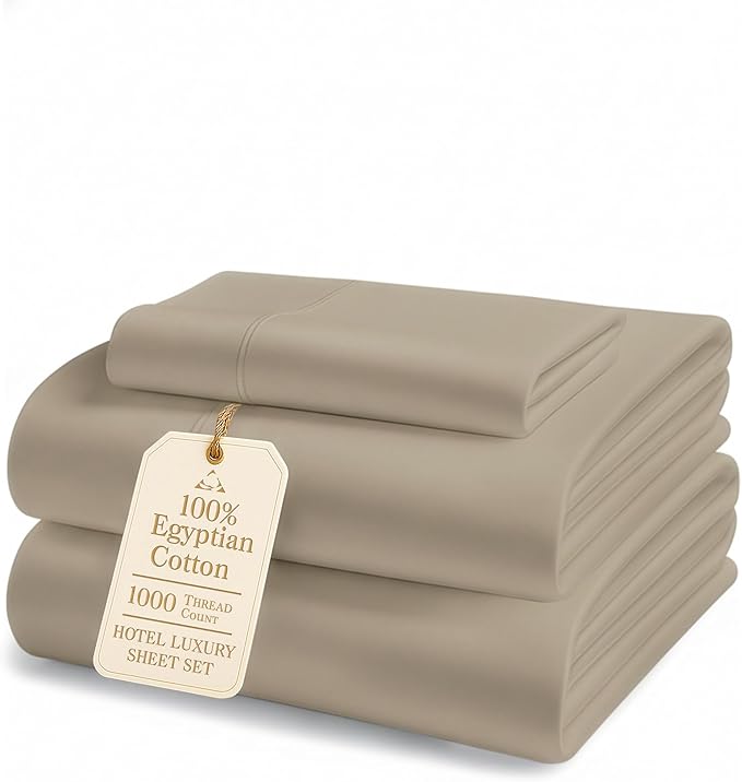 LANE LINEN 100% Egyptian Cotton Sheets Twin Size Bed Set - 1000 Thread Count, Machine Washable, Naturally Temperature Regulating, Sustainable, No Pill, Fade Resistant Twin Bedding Set – Taupe