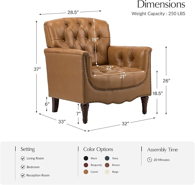 HULALA HOME Mid Century Modern Leather Club Chairs Set of 2, Top-Grain Genuine Leather Armchairs with Button-Tufted Back & Solid Wood Legs, Accent Chairs for Living Room/Bedroom/Home Office, Camel