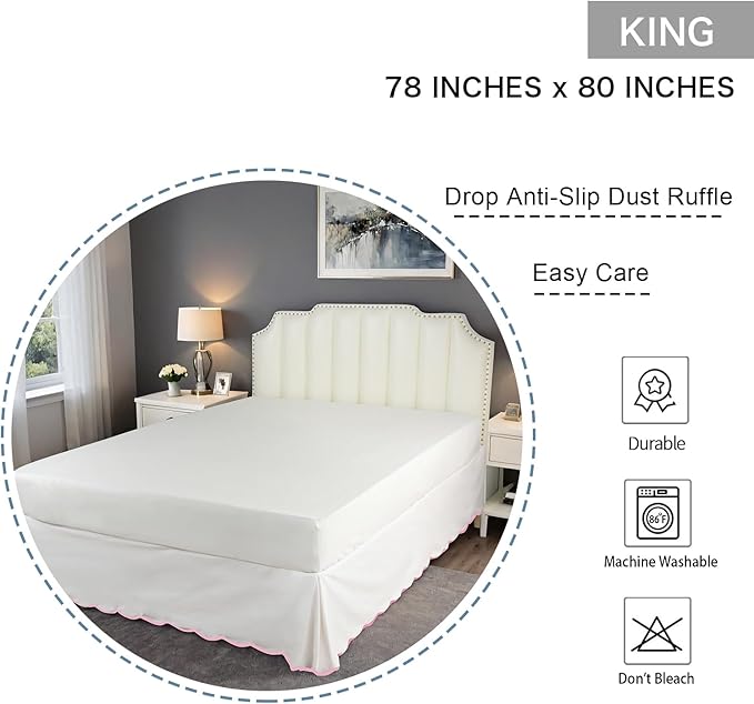 HIG Off-White Chic King Bed Skirt - Easy Fit Scallop Edge Pleated Bedskirts, 14 Inch Drop Anti-Slip Dust Ruffle, Thick Fabric for Enhanced Privacy, Pre-Washed for Long-Lasting Use(N60022)