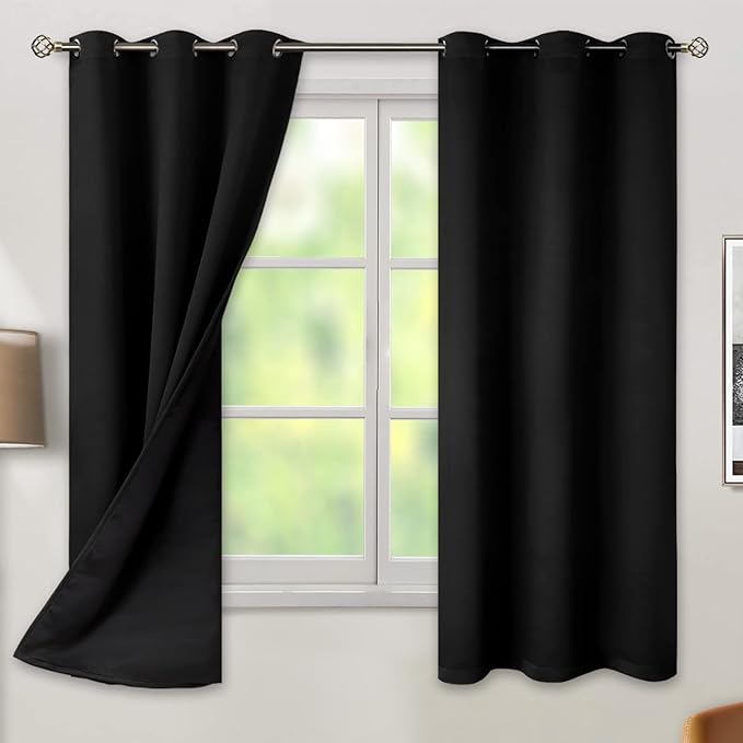 BGment Thermal Insulated 100% Blackout Curtains for Bedroom with Black Liner, Double Layer Full Room Darkening Noise Reducing Grommet Curtain (38 x 63 Inch, Black, 2 Panels)