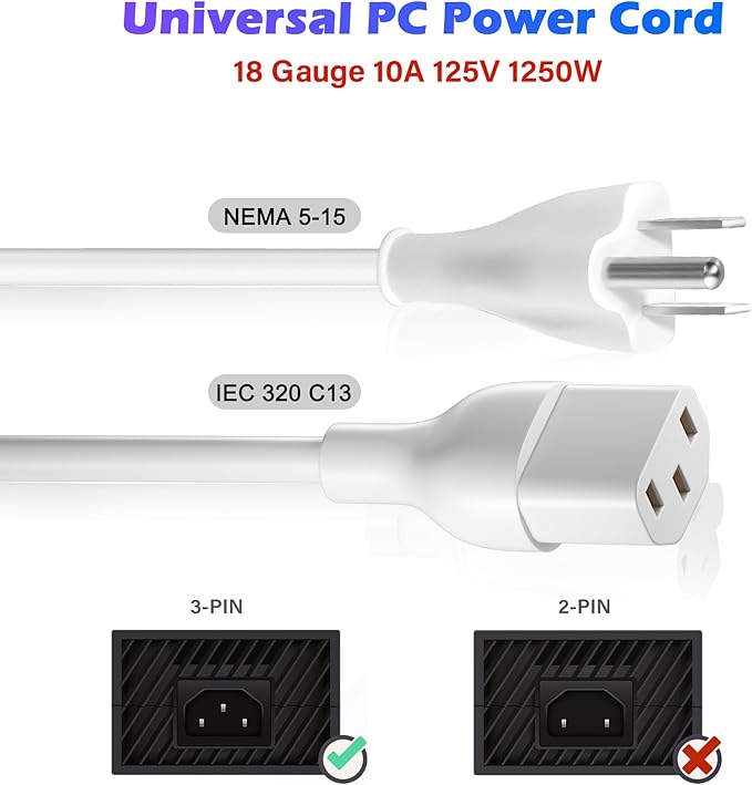 Adoreen 20 Ft Computer TV Replacement Power Cord White, Low Profile Flat Plug to 90 Degree Angled L-Shaped 18AWG 3-Prong AC Universal Power Supply Cable for Printer, PC, Monitor TV LCD, ETL+Ties