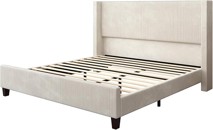 AMERLIFE Queen Size Upholstered Bed Frame with 50.8" Tall Headboard, Wingback Platform Bed with Solid Wood Legs, Wooden Slats, Corduroy/No Box Spring Needed/Noise Free/Cream
