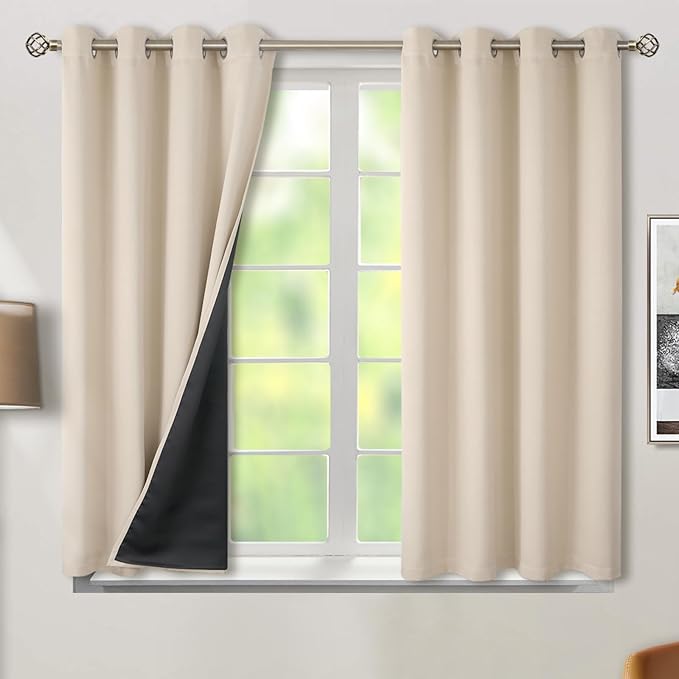 BGment Thermal Insulated 100% Blackout Curtains 45 Inch Length 2 Panels, Total Light Blocking Curtains for Bedroom, Grommet Window Drapes with Thick Black Liner, 52 Inch Wide Each Panel, Champagne