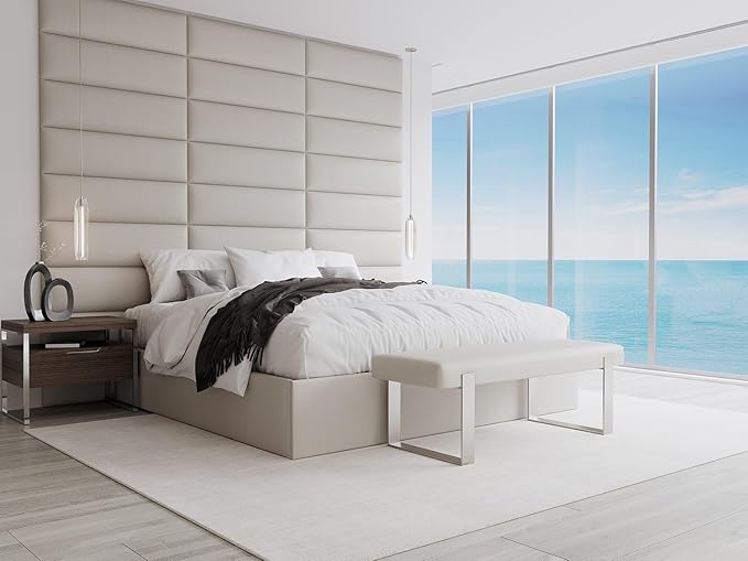 VANT Upholstered Bed Bench - Zigrino Oyster - Burnished Brass - Contemporary Modern, Bedroom Bench Seat, Hallway, or Entryway