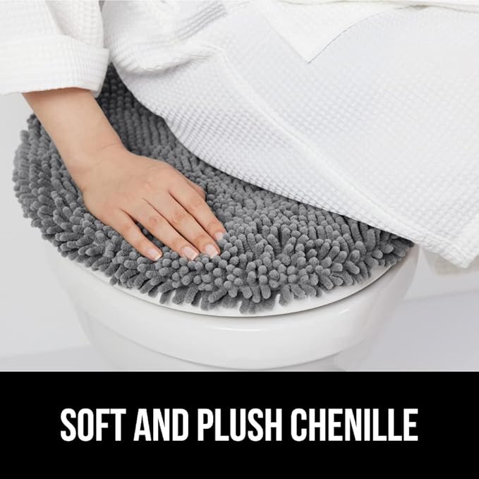 GORILLA GRIP Soft Chenille Bathroom Toilet Lid Cover, Machine Washable Seat Covers, 19.5x18.5, Stays in Place Rubber Backing, Fits Most Round, Elongated and Oblong Lids, Accessories Decor, Gray