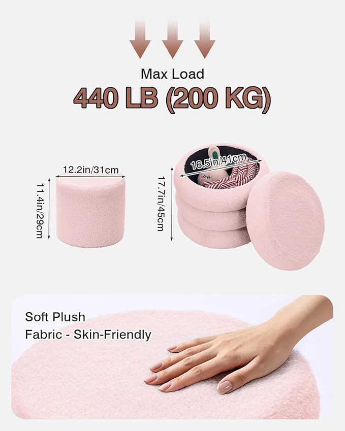 Round Set of 2 Sherpa Storage Ottoman Stool Boucle Vanity Stool Footstool with Removeable lid Load up to 440 lbs for Livingroom Bedroom Pink UASND68P