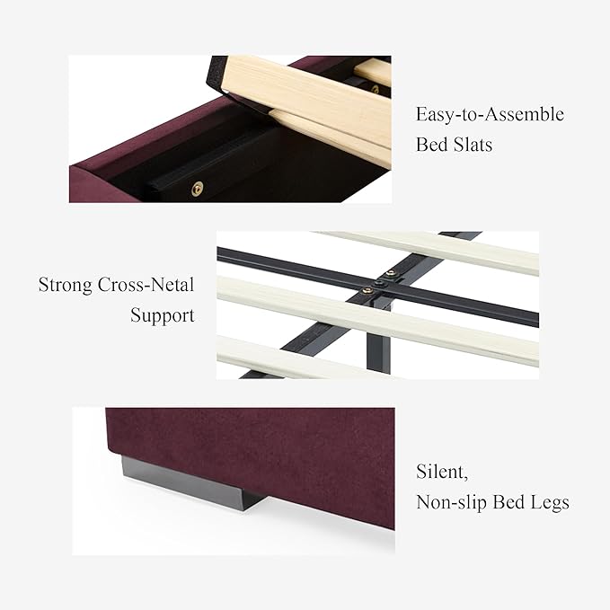 DEINPPA Luxury King Bed Frame with Built-in Gold LED Lights and Nightstands, King Size Platform Bed with Oversize Upholstered Headboard, No Box Spring Needed-Burgundy