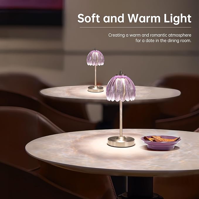 Tulip Table Lamp with 5200mAh Battery & Touch Control, Cordless Small Table Lamp with 3 Colors, Dimmable Rechargeable Table Lamps for Living Room, Bedroom, Desk, Bedside (Clear Purple Tulip)