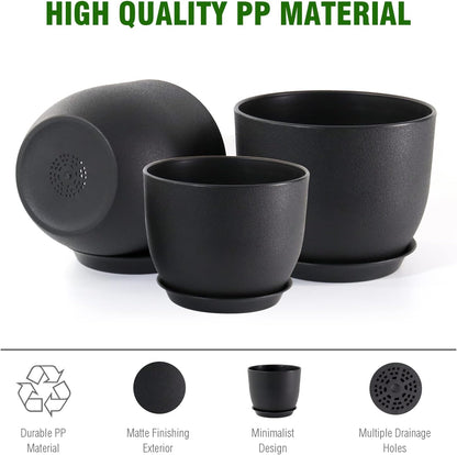 10/9/8 inch Medium Plant Pots, 3 Pack Modern Decorative Plastic Planters with Drainage Holes and Saucers, Flower Pots for Indoor Outdoor Plants, Black