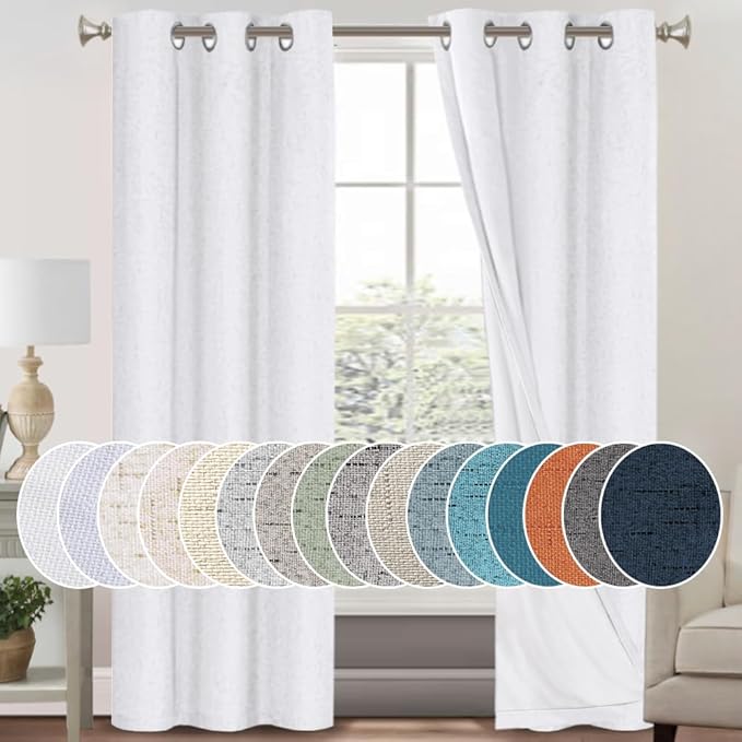 PrinceDeco Blackout Curtains 84 inch Length 2 Panels Set 100% Blackout Curtains for Bedroom Living Room Linen Textured Curtains with White Liner Grommet Room Darkening Curtains, Pure White,W42 X L84