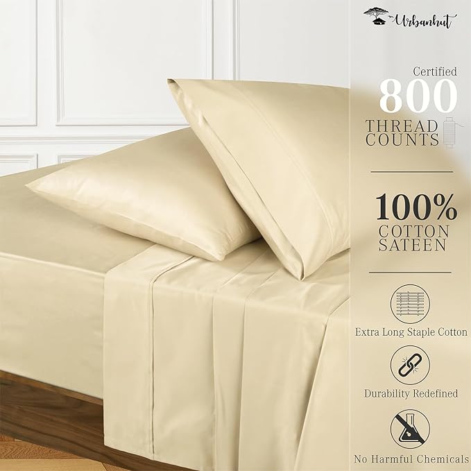 URBANHUT 800 Thread Count 100% Cotton Queen Size Sheets, Luxury 4 Piece Queen Bedsheets, Hotel Sheets Sateen Finish - Better Than Egyptian, 16" Elasticized Deep Pocket - Sand