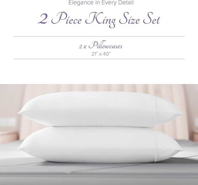 Carressa Linen 100% Egyptian Cotton King Size Pillow Cases Set of 2 - Luxury 600 Thread Count King Pillowcases (White), Silky Soft, Cooling, Breathable Sateen Weave Hotel Quality Bed Pillow Cover