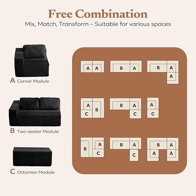106" Cloud Sectional Couch, Left/Right Facing Convertible Sofa with Deep Seat, L-Shape Modular Upholstered Foam Couch for Living Room Bedroom, No Assembly Required (Corduroy Fabric, Black)