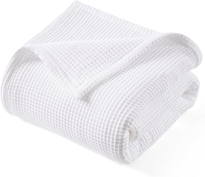 PHF 100% Cotton Waffle & Muslin Blanket Queen Size, Soft Breathable Luxury 400GSM Versatile Reversible Bedding for Bed, Great for Layering in Cold Weather, Home Decor Gift, 90" x 90", White