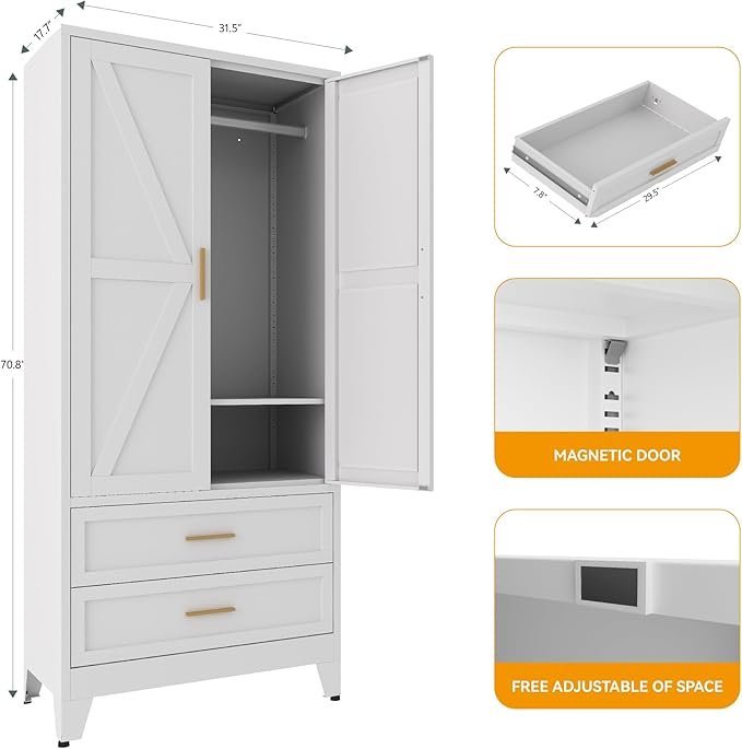 Wardrobe Closet, Metal Armoire with Drawers - 71 Inch Tall Freestanding Cabinet with Adjustable Shelves and Removable Closet Rod, Easy Assembly for Bedroom Apartment Dorm Garage,White