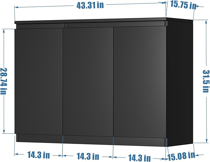 Black Buffet Storage Cabinet with 3 Door, 43" W Coffee Bar Cabinet, Kitchen Buffet Sideboard for Living Room, Kitchen, 43.3" W x 31.5" H
