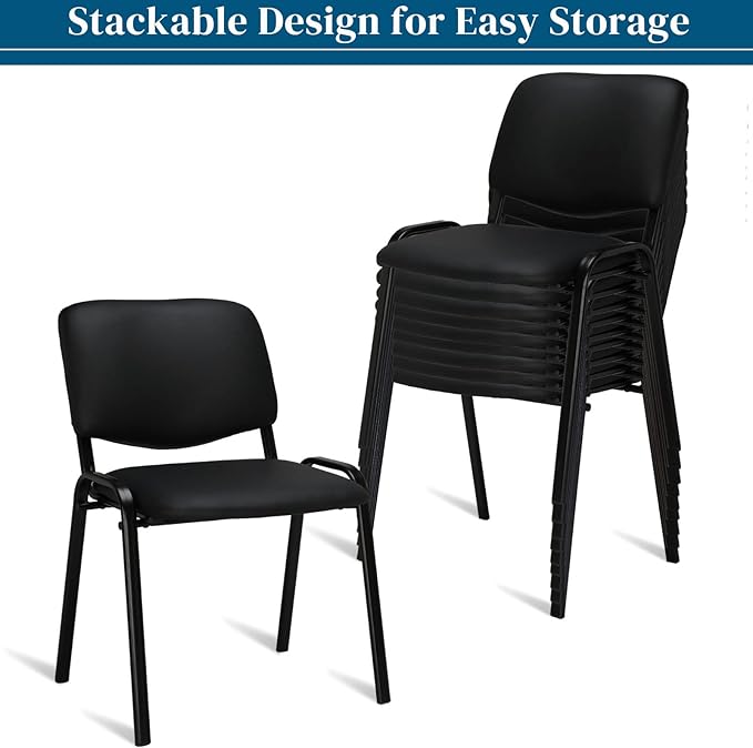 VINGLI Waiting Room Chairs, 10-Pack PU Church Chairs Conference Stackable Set, Office Guest & Reception Stacking for Meeting Room, Lobby, Simple&Space-Saving, Pu-black