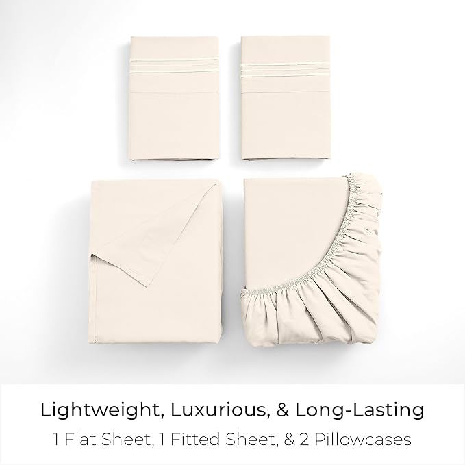 Mellanni Twin Sheet Set - 4-Piece Iconic Collection Bedding, (Including 2 Pillowcases), 16-Inch Deep Pocket, Easy Care, Extra Soft, Cooling Sheets, Brushed Microfiber - Golden Ivory