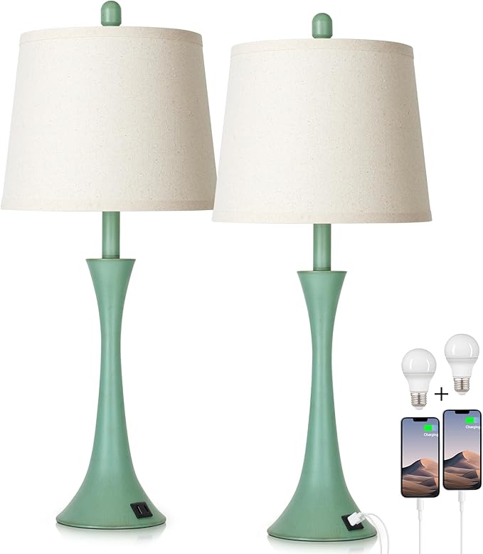 Coastal Modern Green Table Lamps Set of 2 for Living Room, 27.5" Tall Bedside Lamp with USB Charging Port,3-Way Dimmable Touch Nightstand Lamp for Bedroom Desk Side Table Office,Green