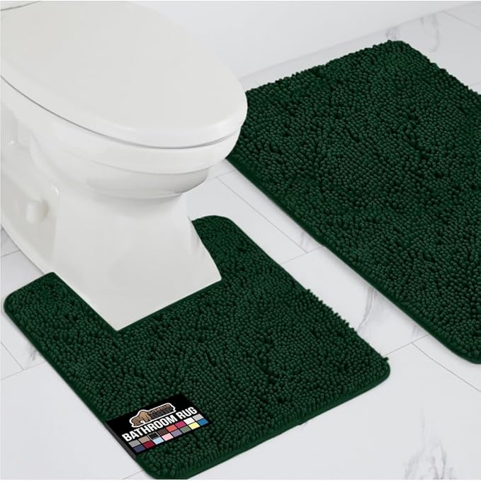 GORILLA GRIP Bathroom Rug Sets, Soft Chenille 2 Piece Area Rugs Set, Toilet Base Mat and 30x20 Carpet, Absorbent Microfiber Washable Mats Dry Quickly, Home Décor and Bath Room Accessories, Hunter