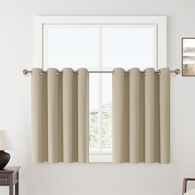 ChrisDowa 100% Blackout Tan Solid Curtains 45 Inches Long 2 Panels for Bedroom Living Room,Farmhouse Room Darkening Thermal Insulated Soundproof Grommet Top Window Treatment Drapes,52x45