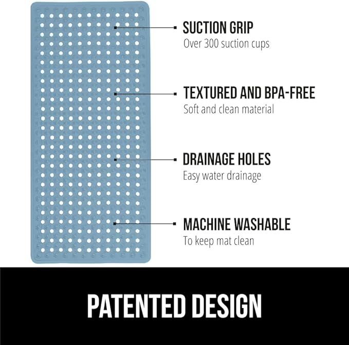 GORILLA GRIP Patented Bath Tub Shower Mat, Machine Washable Bathtub Floor Liner Mats, Suction Cups and Drain Holes to Keep Tubs Clean, Soft on Feet, Bathroom Essentials, 35x16 Inch, Sky Blue Opaque