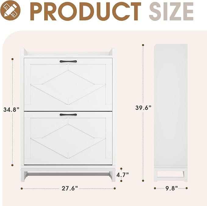 Shoe Cabinet, Shoe Storage Cabinet with 2 Flip Drawers & Adjustable Shelf, Space-Saving Shoe Organizer – Holds 12+ Pairs, Narrow Shoe Cabinet Storage for Entryway/Hallway（White）