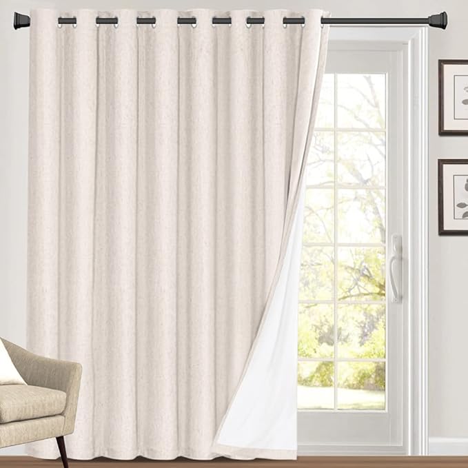 PrinceDeco 100% Blackout Curtains for Sliding Doors Blackout Curtains 84 Inches Long Thermal Insulated Linen with White Backing Sound Proof Energy Efficient for Bedroom,W100 X L84 Inch, Ivory