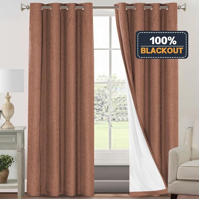 PrinceDeco Blackout Curtains for Bedroom 100% Absolutely Blackout Linen Look Curtain Draperies Anti-Rust Grommet, Thermal Insulated with White Liner, 2 Panels Set,52" W x 84" L,Washed Spice