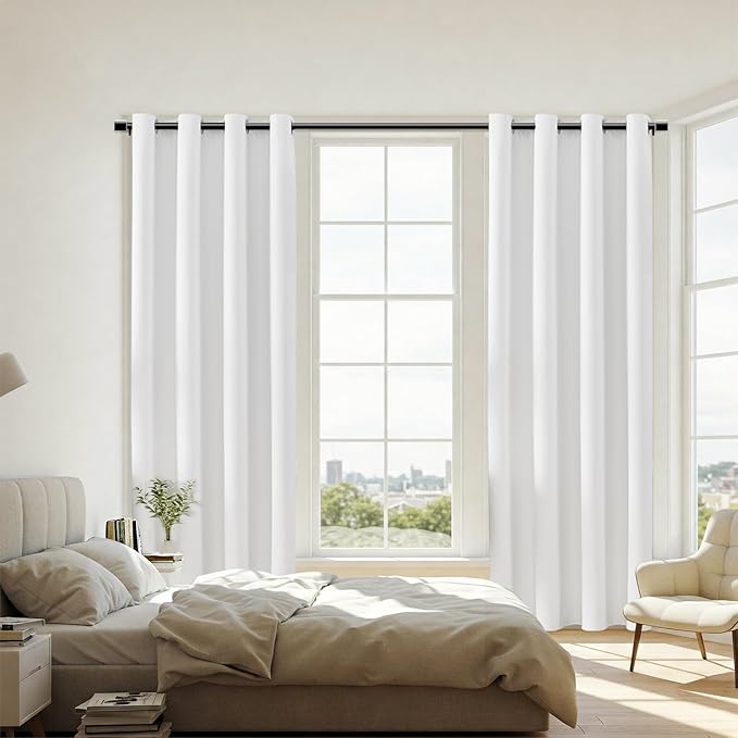 ChrisDowa 100% Blackout Pure White Solid Curtains 96 Inches Long 2 Panels for Bedroom Living Room,Farmhouse Room Darkening Thermal Insulated Soundproof Grommet Top Window Treatment Drapes,52x96