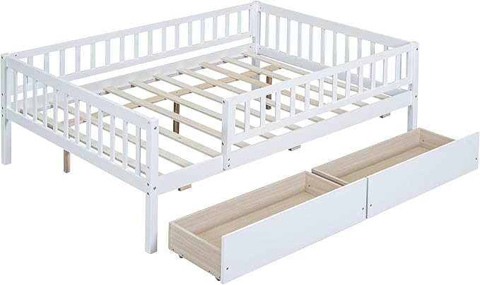 Bellemave Full Size Bed Frames with Rails for Kids, Full daybed Frame with Drawers for Boys/Girls/Adults， White