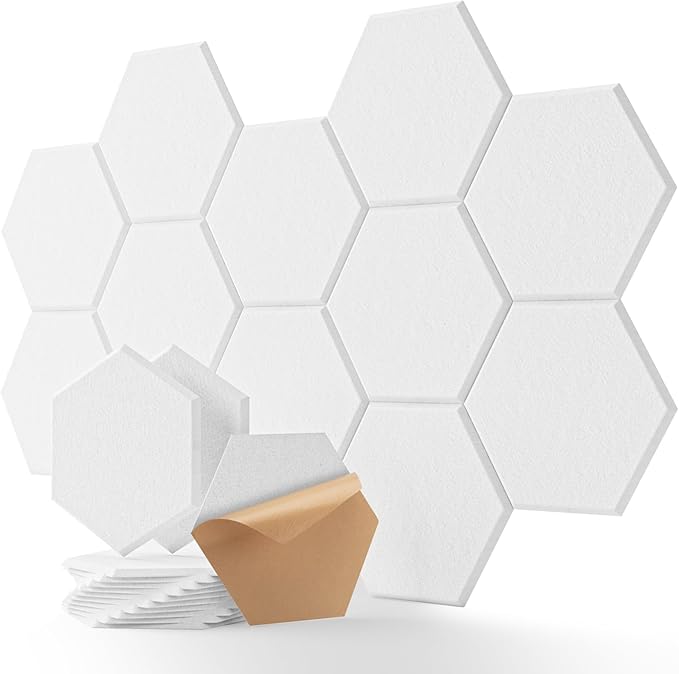 12 Pack Soundproof Wall Panels, Hexagon Acoustic Panels High Density Acoustic Wall Panels, Self-Adhesive Sound Proofing Panels for Walls, Office, Reccording Studio, Ceiling 12" X 10" X 0.4" White