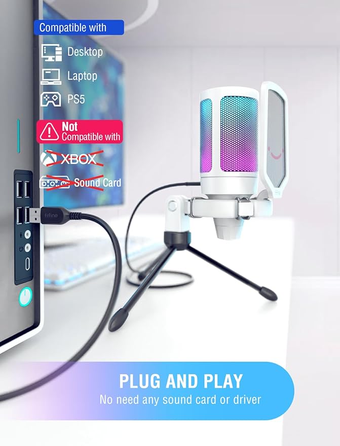 FIFINE AmpliGame USB Microphone, PC Gaming Recording Desktop Laptop Mic, RGB Streaming Podcasting Condenser Mic for Online Game, Vocal, with Mute Button, Gain Knob, Tripod Stand-A6V White