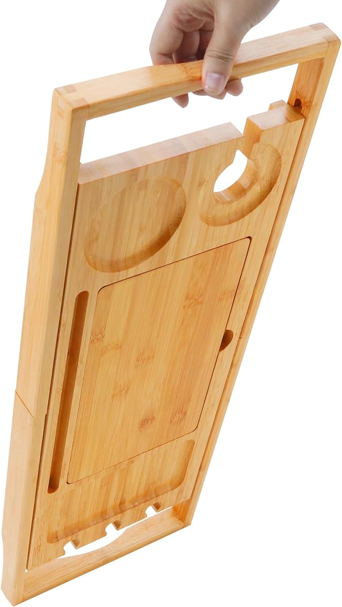 Utoplike Bamboo Bathtub Caddy Tray Bath Tray for Tub, Adjustable Bathroom Bathtub Organizer with Book Tablet Wine Glass Cup Towel Holder (24.5"-37.4")