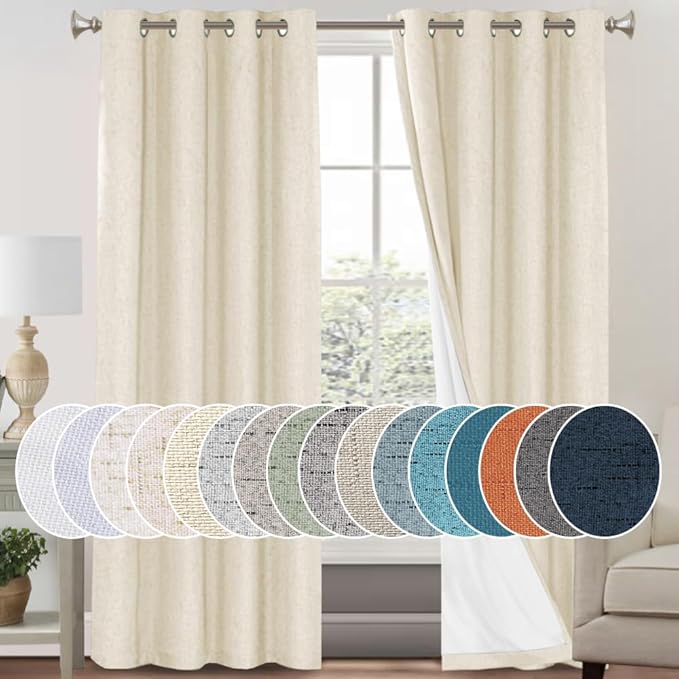 PrinceDeco 100% Blackout Linen Curtains for Bedroom Rich Textured Window Curtain Room Darkening Thick Thermal Curtain for Living Room Light Blocking Curtains & Drapes 84 Inches 2 Panels,Bleached Sand