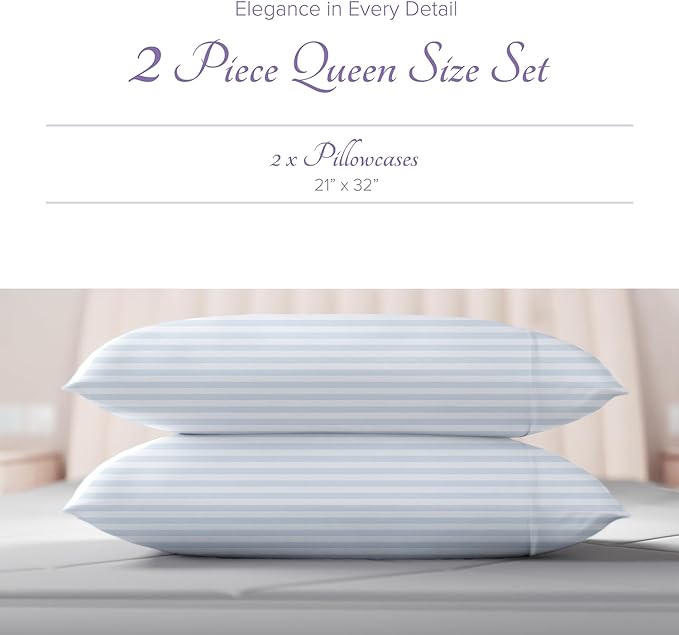 Carressa Linen 100% Egyptian Cotton Pillow Cases Queen Size Set of 2 - Luxury 600 Thread Count Stripe Light Blue Standard/Queen Size Pillowcases, Soft, Cooling Hotel Quality Damask Pillow Cover