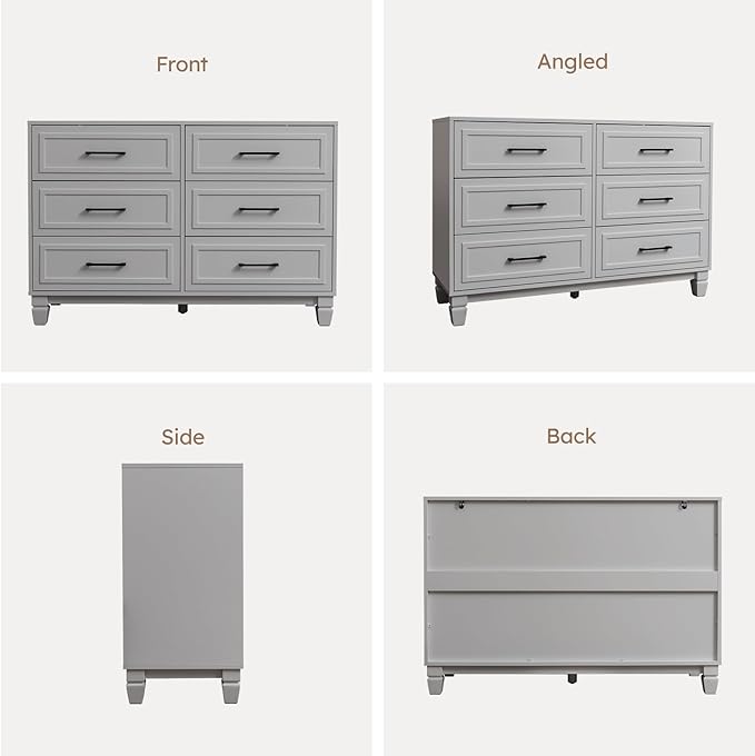 Farmhouse Dresser for Bedroom, 6 Drawer Dresser with Unique Solid Wood Legs, Modern Wide Chest Dressers for Clothes, Closet, Living Room, Grey