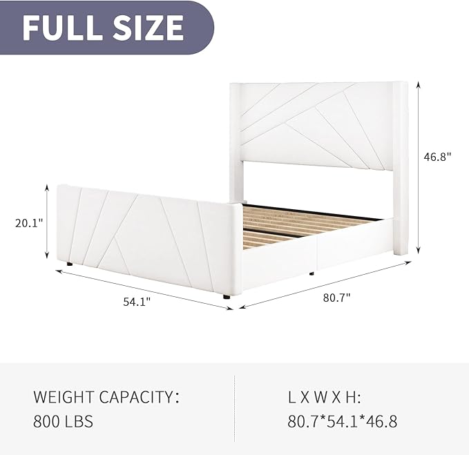 BarnFurin Full Size Bed Frame, Velvet Upholstered Platform Bed with Geometric Tufted Headboard & Footboard, Wingback Design, Mattress Foundation with Wooden Slats, Cream White