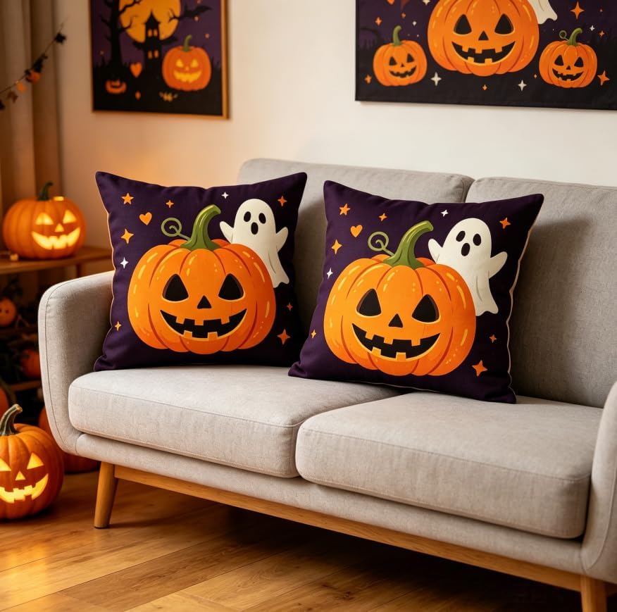 Halloween Decorations Throw Pillow Covers, Jack-O-Lantern Pumpkin and Ghost - Image 6