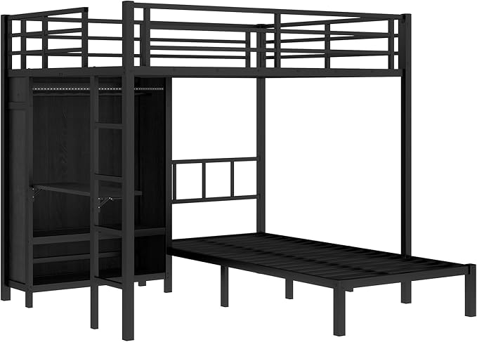 Full XL Over Twin Metal Bunk Bed with Folding Desk, Closet with LED, Space-Saving/Noise Reduced, Black Classic Platform Bed Frame, Easy Assembly YJXW1580S00113