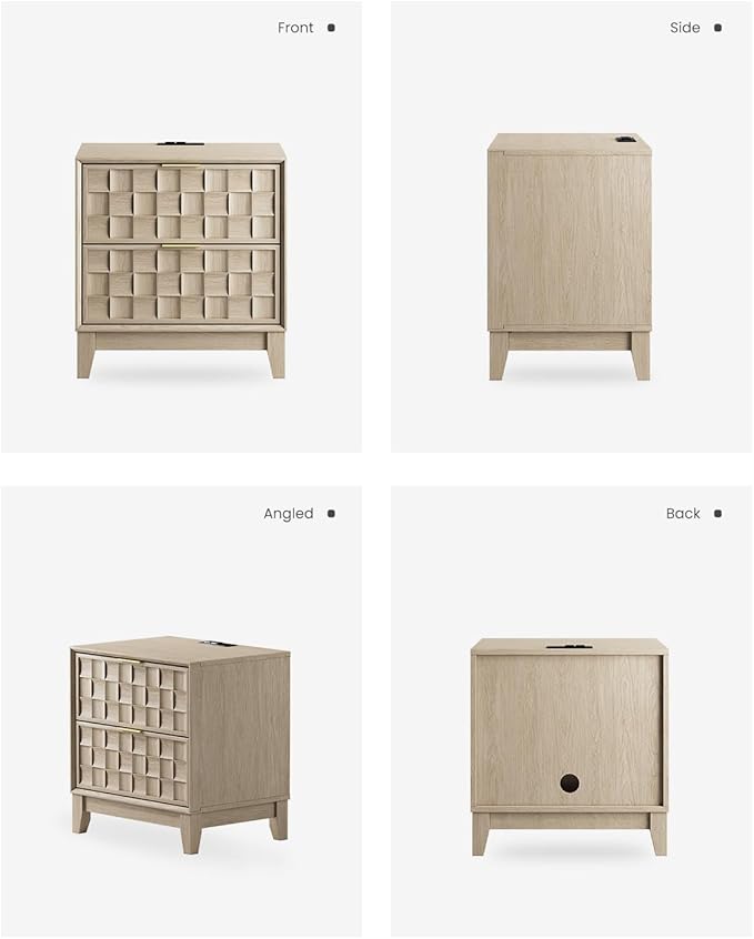 COLAMY Night Stand Set of 2, Nightstand with Charging Station, 22" Modern Bed Side Table with 2 Storage Drawers and Chessboard Relieffor Bedroom, Dorm and Small Spaces - Oak