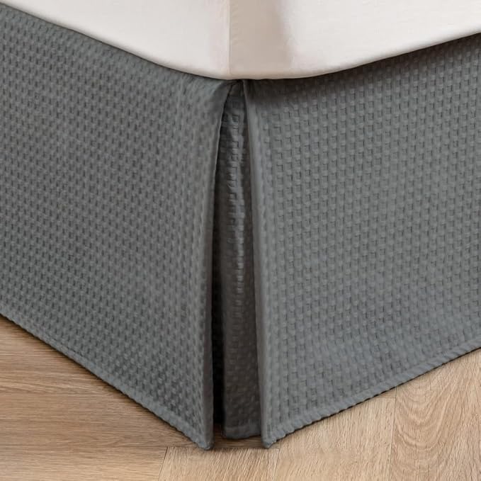 MIYE Pleated Waffle Weave Bed Skirt, Tailored Dust Ruffle 12 Inch Drop Easy Fit, Machine Washable (Dark Grey, Queen - 12" Drop)