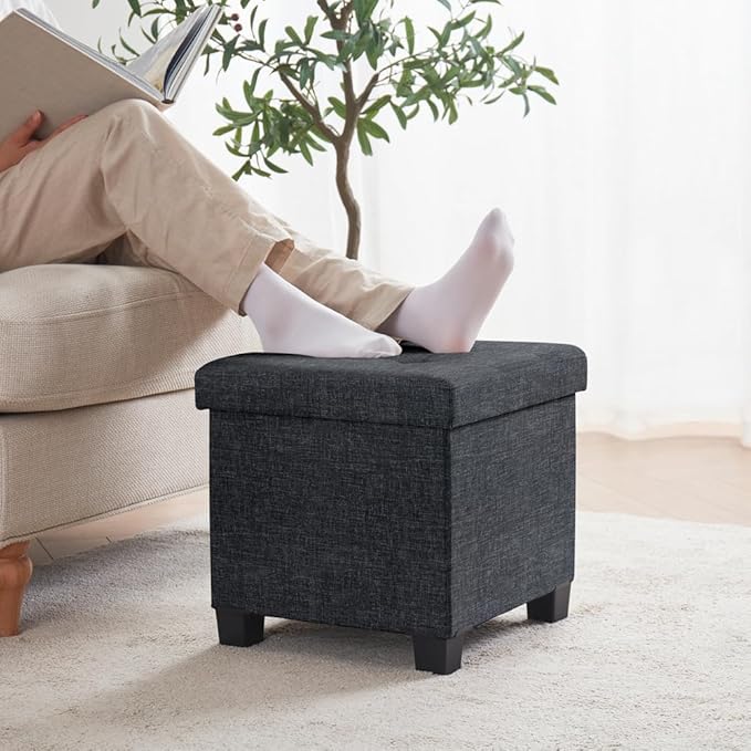Ornavo Home 15 Inch Folding Storage Ottoman with Storage, Square Cube Linen Small Storage Ottoman Foot Rest Stool with Legs - Black