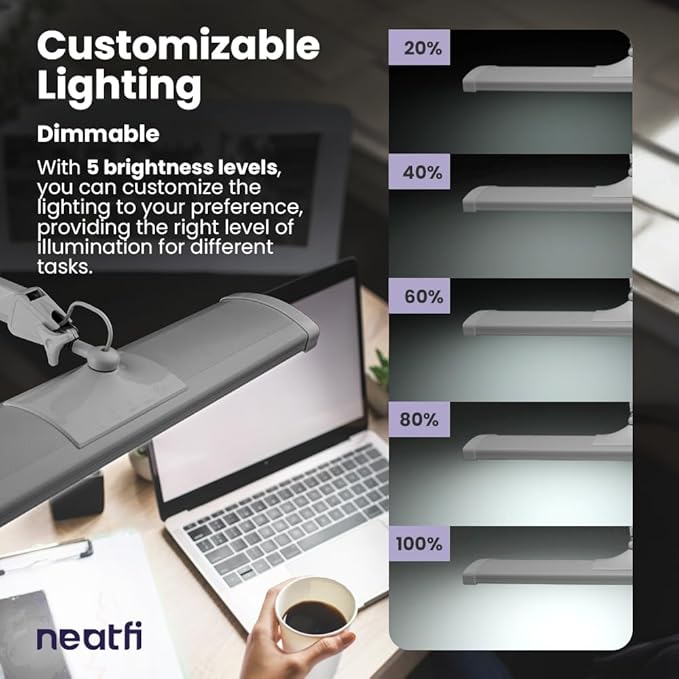 Neatfi Ultra 3,500 Lumen LED Desk Lamp, Color Correlated Temperature, 3 Light Modes, Dimmable, 45W, 26 Inch Wide Metal Shade, 540 SMD LEDs (CCT with Clamp, Silver)