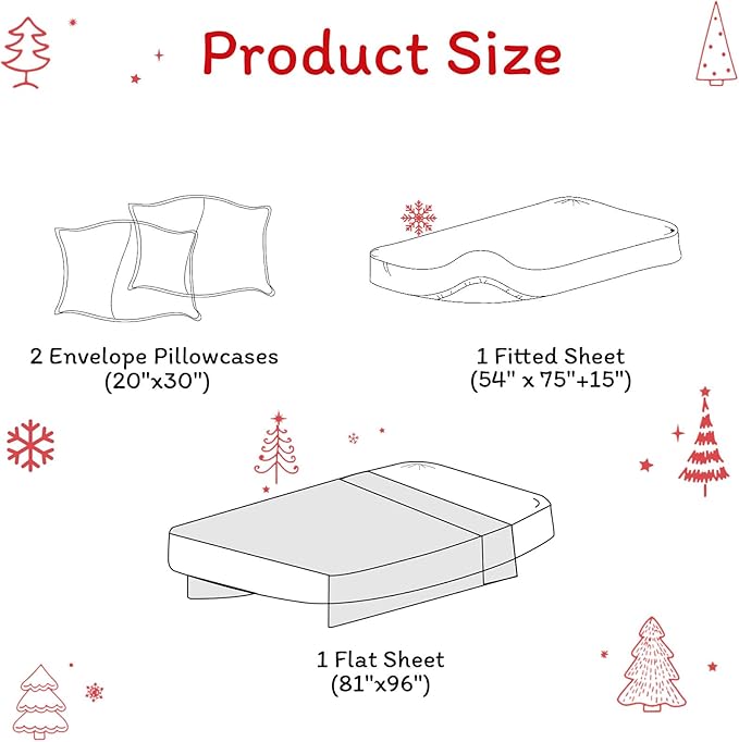 JSD Red Christmas Tree Kids Sheet Set Full Size, 4 Piece Soft Printed Microfiber Sheets Deep Pocket