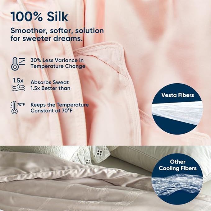 Vesta Silk-Filled Summer Lightweight Comforter, Washable Cooling Blanket for Hot Sleepers, Long Staple Mulberry Silk, Moisture & Thermal Control (King, Heavenly Pink)