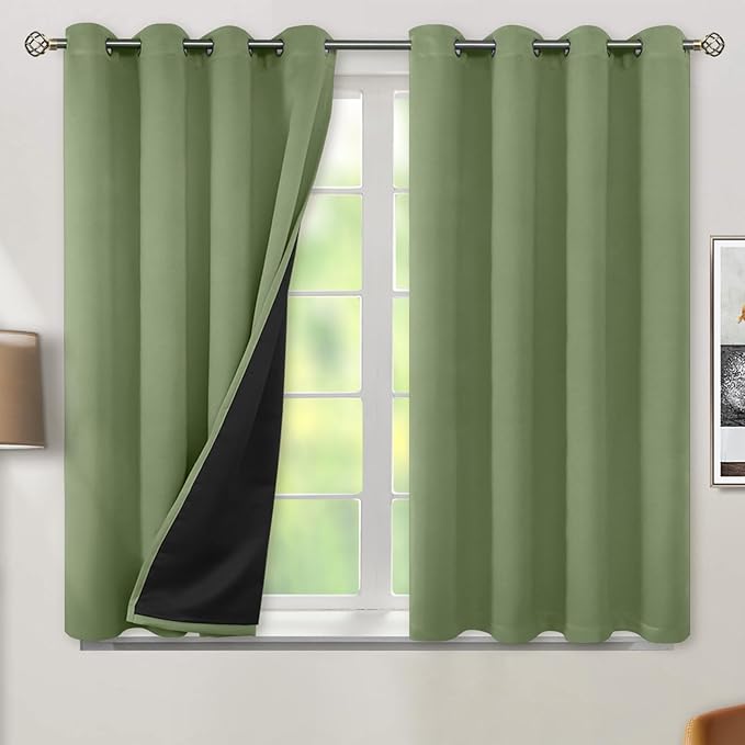 BGment Short 100% Blackout Curtains for Bedroom, Thermal Insulated Energy Efficiency Noise Reducing Grommet Curtains 54 Inch Length with Liner for Small Window 2 Panels Each 52 Inch Wide, Grass Green
